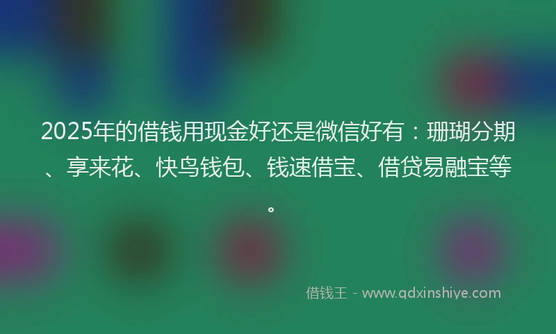 2025年的借钱用现金好还是微信好有：珊瑚分期、享来花、快鸟钱包、钱速借宝、借贷易融宝等。
