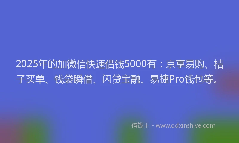 2025年的加微信快速借钱5000有：京享易购、桔子买单、钱袋瞬借、闪贷宝融、易捷Pro钱包等。