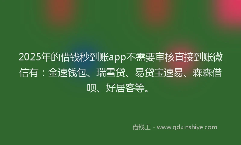 2025年的借钱秒到账app不需要审核直接到账微信有：金速钱包、瑞雪贷、易贷宝速易、森森借呗、好居客等。