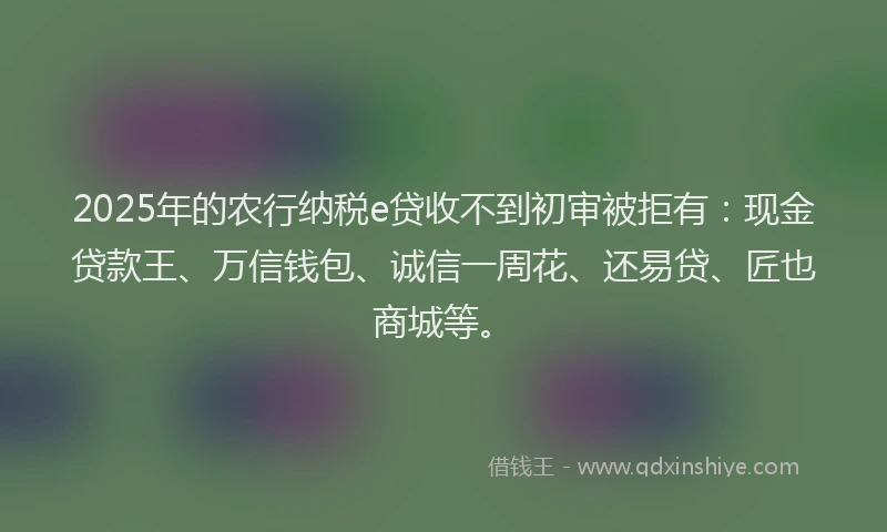 2025年的农行纳税e贷收不到初审被拒有：现金贷款王、万信钱包、诚信一周花、还易贷、匠也商城等。