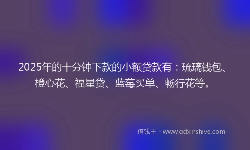 2025年的十分钟下款的小额贷款有：琉璃钱包、橙心花、福星贷、蓝莓买单、畅行花等。