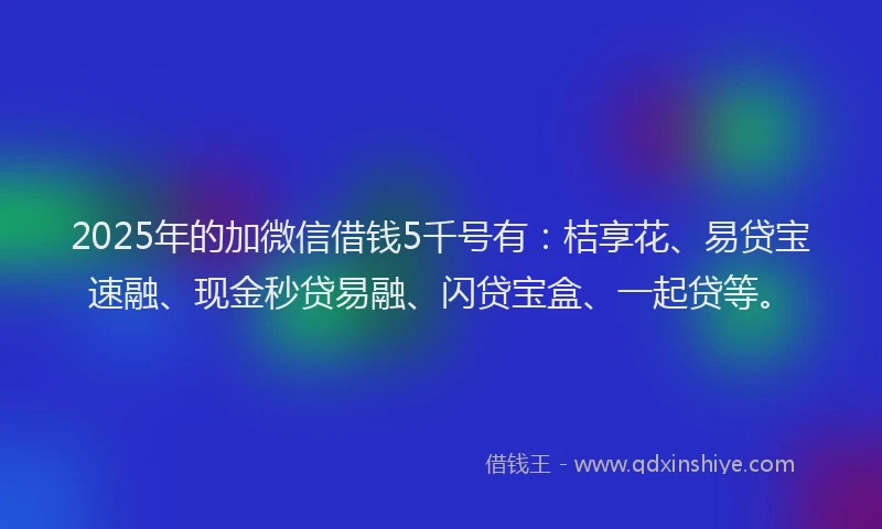 2025年的加微信借钱5千号有：桔享花、易贷宝速融、现金秒贷易融、闪贷宝盒、一起贷等。