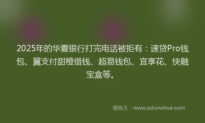 2025年的华夏银行打完电话被拒有：速贷Pro钱包、翼支付甜橙借钱、超易钱包、宜享花、快融宝盒等。