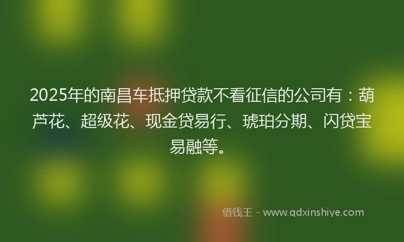2025年的南昌车抵押贷款不看征信的公司有：葫芦花、超级花、现金贷易行、琥珀分期、闪贷宝易融等。