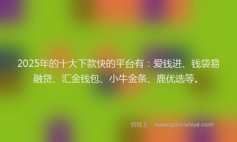2025年的十大下款快的平台有：爱钱进、钱袋易融贷、汇金钱包、小牛金条、鹿优选等。