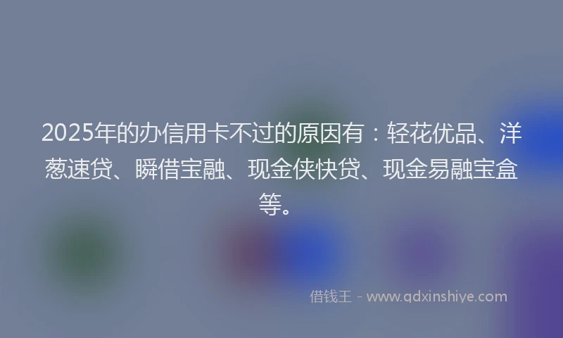 2025年的办信用卡不过的原因有：轻花优品、洋葱速贷、瞬借宝融、现金侠快贷、现金易融宝盒等。