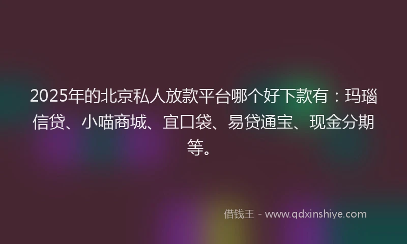 2025年的北京私人放款平台哪个好下款有：玛瑙信贷、小喵商城、宜口袋、易贷通宝、现金分期等。