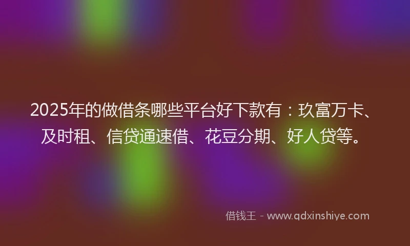 2025年的做借条哪些平台好下款有：玖富万卡、及时租、信贷通速借、花豆分期、好人贷等。