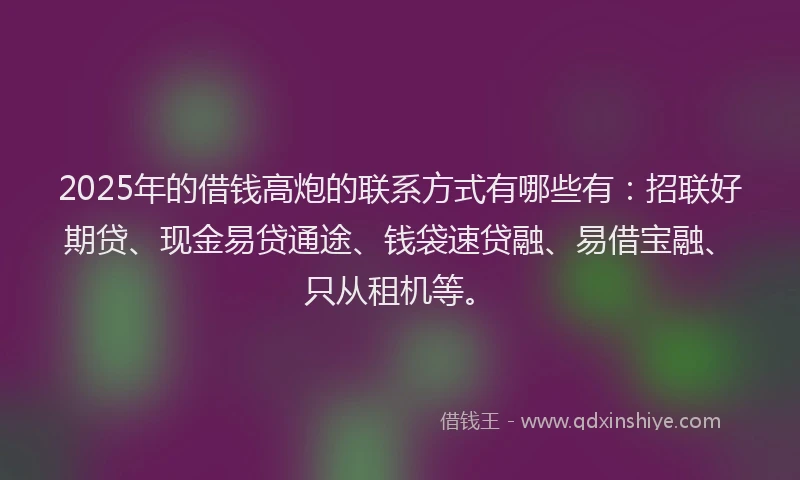 2025年的借钱高炮的联系方式有哪些有：招联好期贷、现金易贷通途、钱袋速贷融、易借宝融、只从租机等。