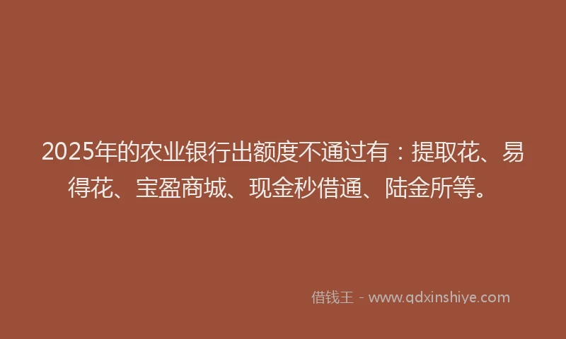 2025年的农业银行出额度不通过有：提取花、易得花、宝盈商城、现金秒借通、陆金所等。