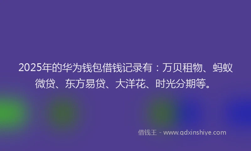2025年的华为钱包借钱记录有：万贝租物、蚂蚁微贷、东方易贷、大洋花、时光分期等。