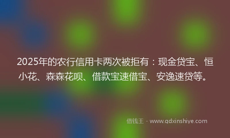 2025年的农行信用卡两次被拒有：现金贷宝、恒小花、森森花呗、借款宝速借宝、安逸速贷等。