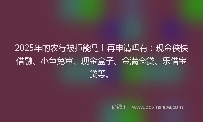 2025年的农行被拒能马上再申请吗有：现金侠快借融、小鱼免审、现金盒子、金满仓贷、乐借宝贷等。
