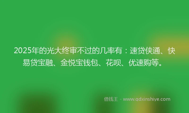 2025年的光大终审不过的几率有：速贷侠通、快易贷宝融、金悦宝钱包、花呗、优速购等。