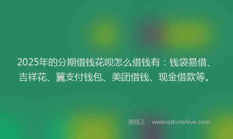 2025年的分期借钱花呗怎么借钱有：钱袋易借、吉祥花、翼支付钱包、美团借钱、现金借款等。