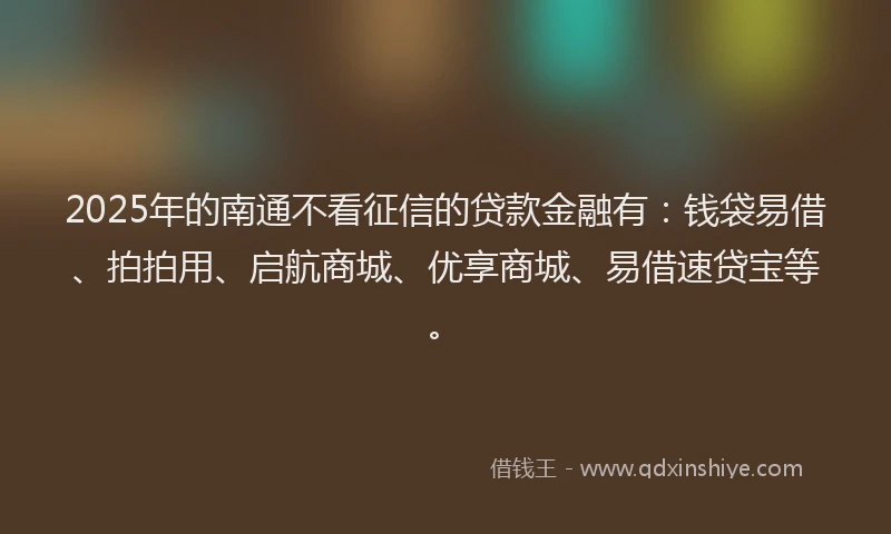2025年的南通不看征信的贷款金融有：钱袋易借、拍拍用、启航商城、优享商城、易借速贷宝等。