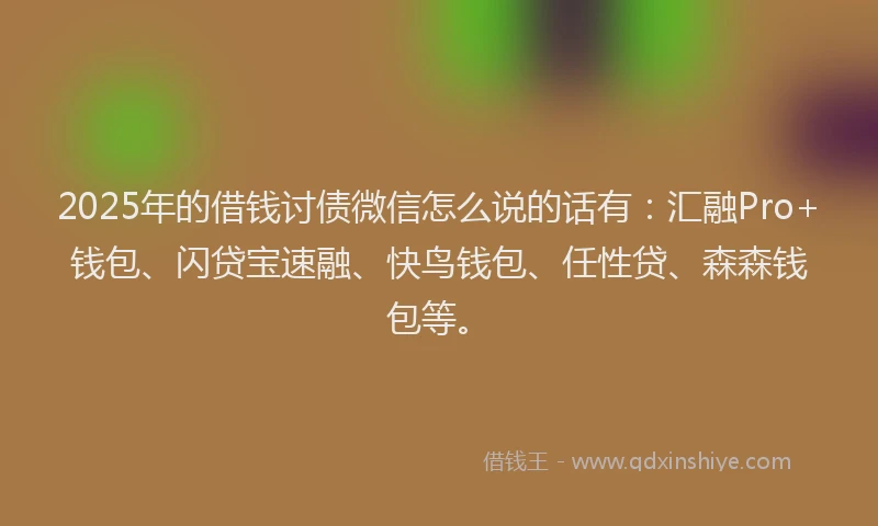 2025年的借钱讨债微信怎么说的话有：汇融Pro+钱包、闪贷宝速融、快鸟钱包、任性贷、森森钱包等。