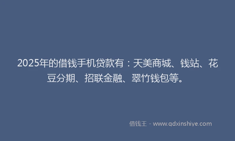 2025年的借钱手机贷款有：天美商城、钱站、花豆分期、招联金融、翠竹钱包等。