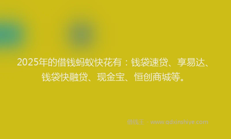 2025年的借钱蚂蚁快花有：钱袋速贷、享易达、钱袋快融贷、现金宝、恒创商城等。