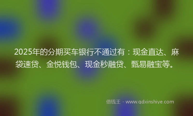 2025年的分期买车银行不通过有：现金直达、麻袋速贷、金悦钱包、现金秒融贷、甄易融宝等。