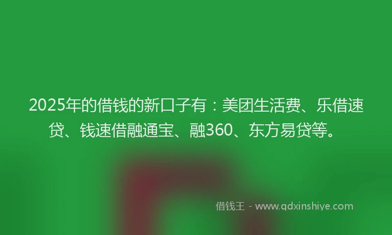 2025年的借钱的新口子有：美团生活费、乐借速贷、钱速借融通宝、融360、东方易贷等。