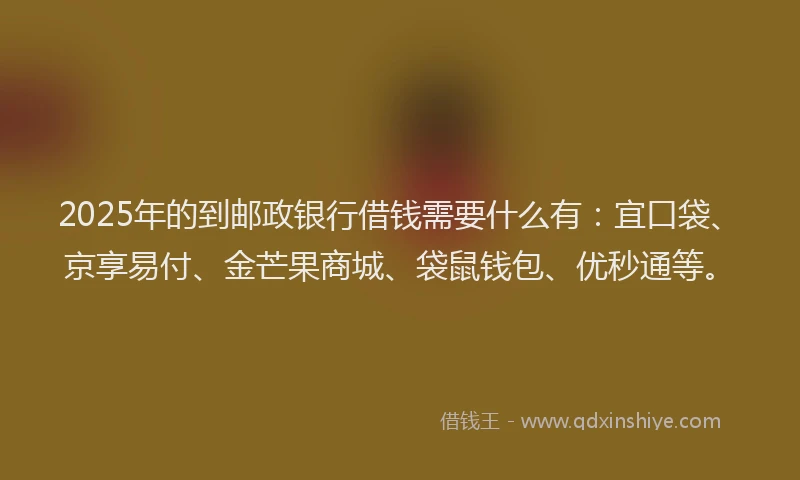 2025年的到邮政银行借钱需要什么有：宜口袋、京享易付、金芒果商城、袋鼠钱包、优秒通等。