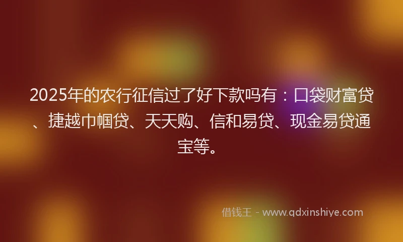 2025年的农行征信过了好下款吗有：口袋财富贷、捷越巾帼贷、天天购、信和易贷、现金易贷通宝等。