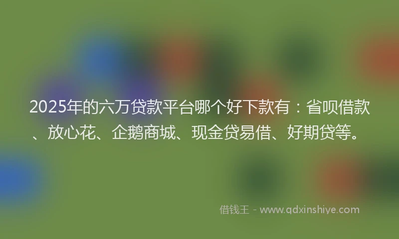 2025年的六万贷款平台哪个好下款有：省呗借款、放心花、企鹅商城、现金贷易借、好期贷等。