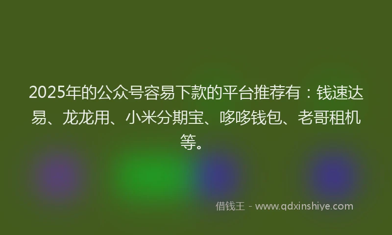 2025年的公众号容易下款的平台推荐有：钱速达易、龙龙用、小米分期宝、哆哆钱包、老哥租机等。