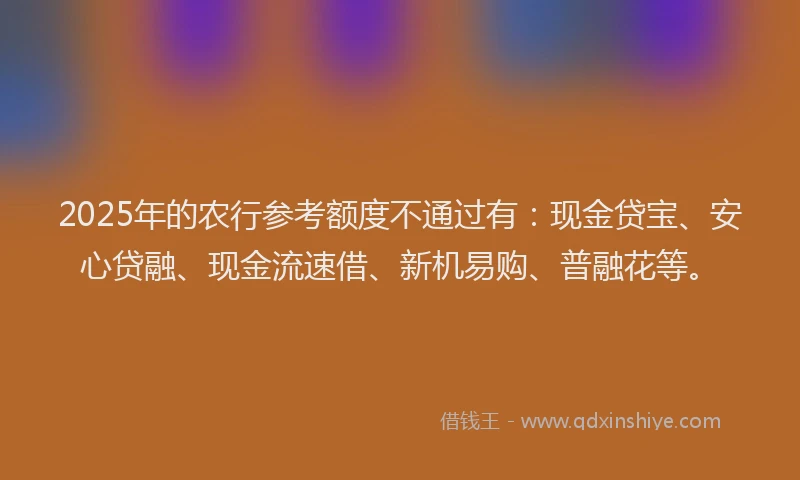 2025年的农行参考额度不通过有：现金贷宝、安心贷融、现金流速借、新机易购、普融花等。