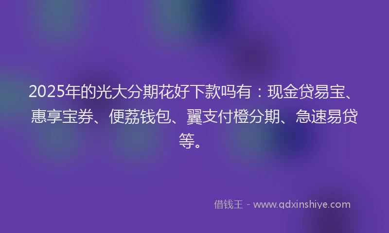 2025年的光大分期花好下款吗有：现金贷易宝、惠享宝券、便荔钱包、翼支付橙分期、急速易贷等。