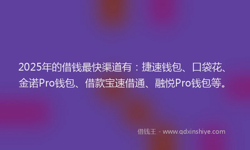 2025年的借钱最快渠道有：捷速钱包、口袋花、金诺Pro钱包、借款宝速借通、融悦Pro钱包等。