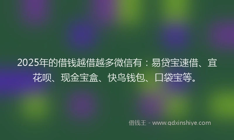 2025年的借钱越借越多微信有：易贷宝速借、宜花呗、现金宝盒、快鸟钱包、口袋宝等。