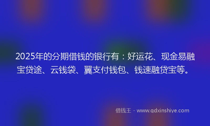 2025年的分期借钱的银行有：好运花、现金易融宝贷途、云钱袋、翼支付钱包、钱速融贷宝等。