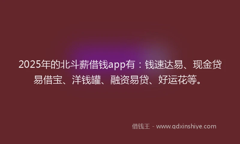 2025年的北斗薪借钱app有：钱速达易、现金贷易借宝、洋钱罐、融资易贷、好运花等。