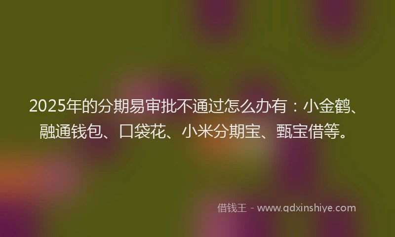 2025年的分期易审批不通过怎么办有：小金鹤、融通钱包、口袋花、小米分期宝、甄宝借等。
