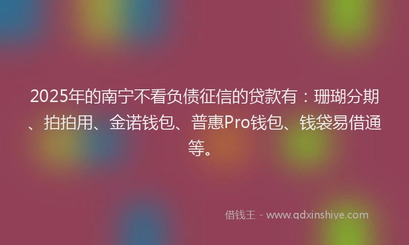 2025年的南宁不看负债征信的贷款有：珊瑚分期、拍拍用、金诺钱包、普惠Pro钱包、钱袋易借通等。