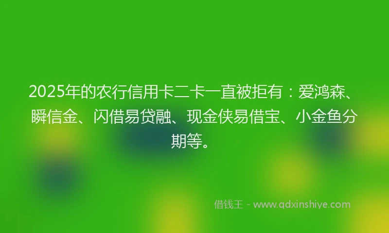 2025年的农行信用卡二卡一直被拒有：爱鸿森、瞬信金、闪借易贷融、现金侠易借宝、小金鱼分期等。