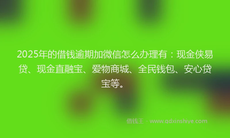 2025年的借钱逾期加微信怎么办理有：现金侠易贷、现金直融宝、爱物商城、全民钱包、安心贷宝等。