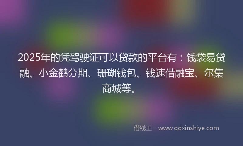 2025年的凭驾驶证可以贷款的平台有：钱袋易贷融、小金鹤分期、珊瑚钱包、钱速借融宝、尔集商城等。