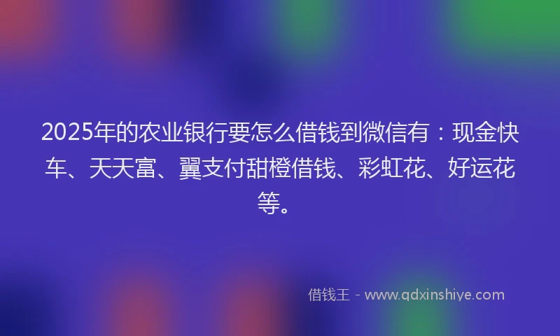 2025年的农业银行要怎么借钱到微信有：现金快车、天天富、翼支付甜橙借钱、彩虹花、好运花等。