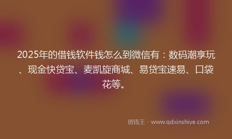 2025年的借钱软件钱怎么到微信有：数码潮享玩、现金快贷宝、麦凯旋商城、易贷宝速易、口袋花等。
