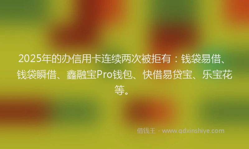 2025年的办信用卡连续两次被拒有：钱袋易借、钱袋瞬借、鑫融宝Pro钱包、快借易贷宝、乐宝花等。