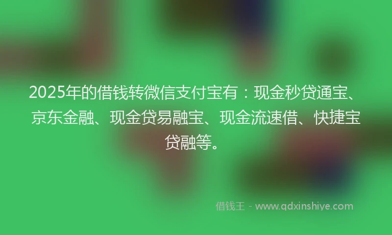 2025年的借钱转微信支付宝有：现金秒贷通宝、京东金融、现金贷易融宝、现金流速借、快捷宝贷融等。