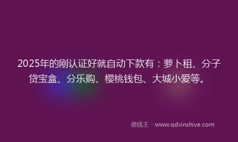 2025年的刚认证好就自动下款有：萝卜租、分子贷宝盒、分乐购、樱桃钱包、大城小爱等。