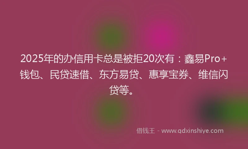 2025年的办信用卡总是被拒20次有：鑫易Pro+钱包、民贷速借、东方易贷、惠享宝券、维信闪贷等。