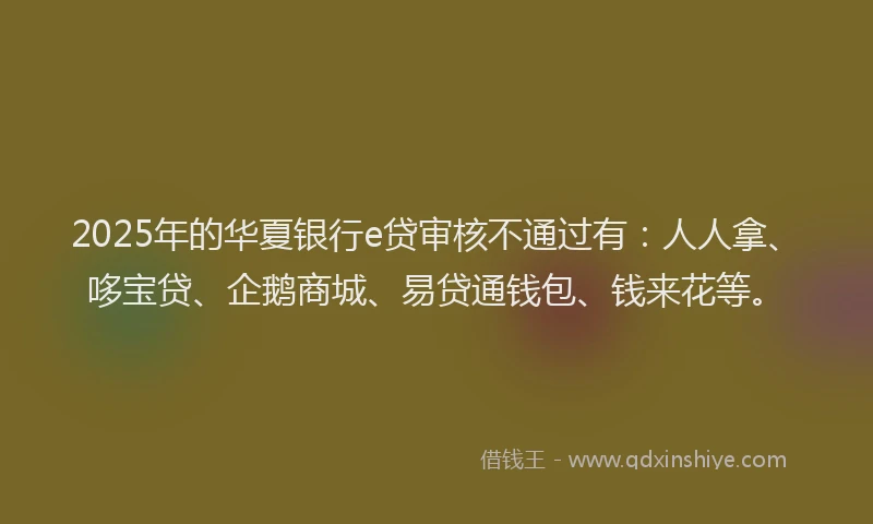 2025年的华夏银行e贷审核不通过有：人人拿、哆宝贷、企鹅商城、易贷通钱包、钱来花等。