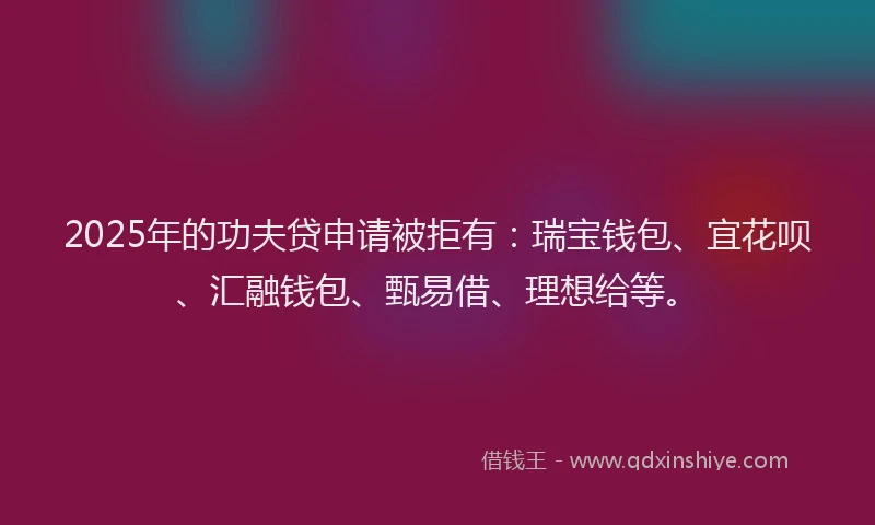 2025年的功夫贷申请被拒有：瑞宝钱包、宜花呗、汇融钱包、甄易借、理想给等。