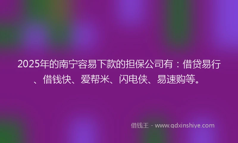 2025年的南宁容易下款的担保公司有：借贷易行、借钱快、爱帮米、闪电侠、易速购等。