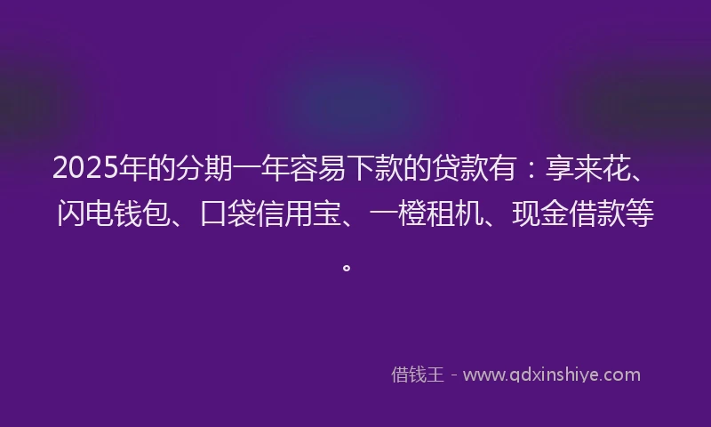 2025年的分期一年容易下款的贷款有：享来花、闪电钱包、口袋信用宝、一橙租机、现金借款等。